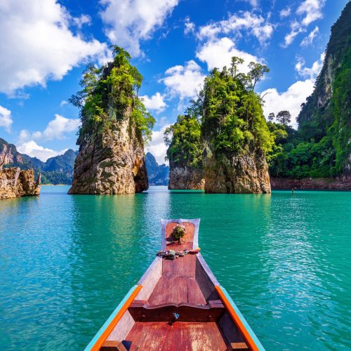 Beautiful mountains in Ratchaprapha Dam at Khao Sok National Park, Surat Thani Province, Thailand.